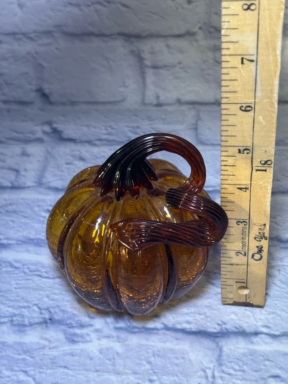 Glass Amber Pumpkin Hand Blown Crackle Finish Thanksgiving Curly Steam Pier One